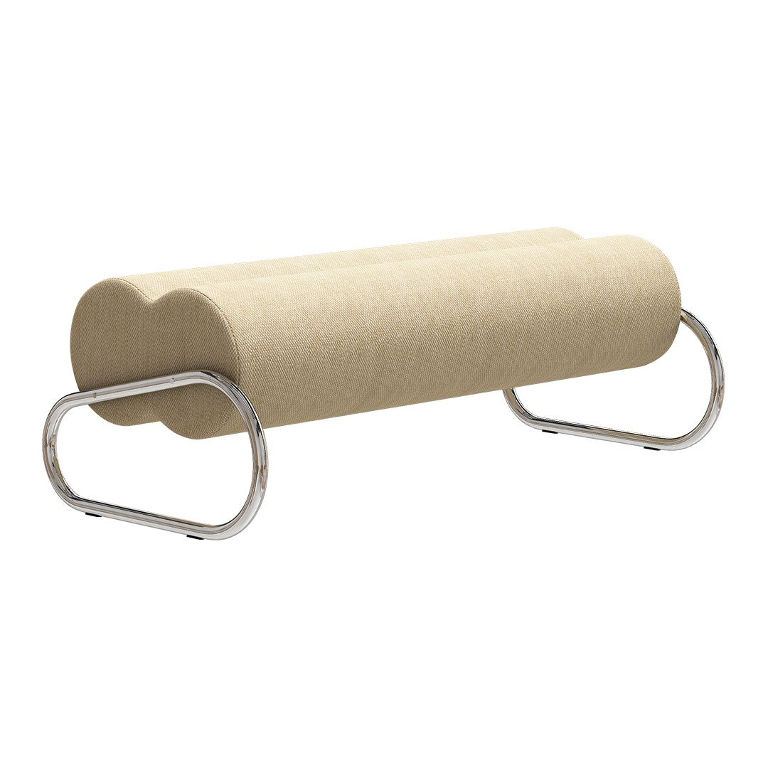 Beige fabric bench with a smooth texture and curved chrome legs, featuring a minimalist design. Ideal for modern decor.
