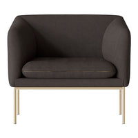 Dark gray upholstered chair with smooth fabric and gold metal legs. Modern, minimalist design with a sleek silhouette.