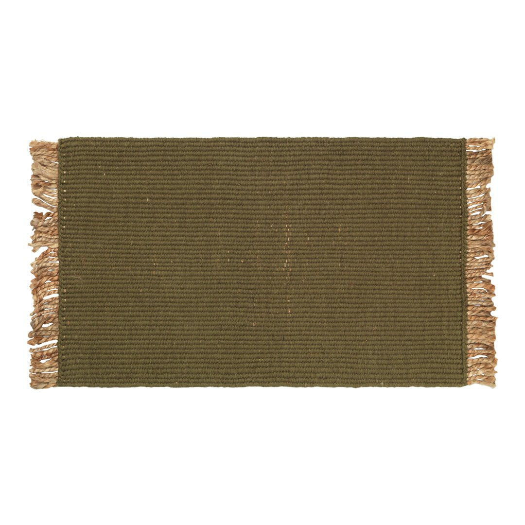 Olive green woven rug with fringed edges, showcasing a textured, striped pattern for a natural look.
