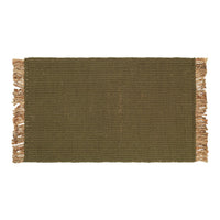 Olive green woven rug with fringed edges, showcasing a textured, striped pattern for a natural look.