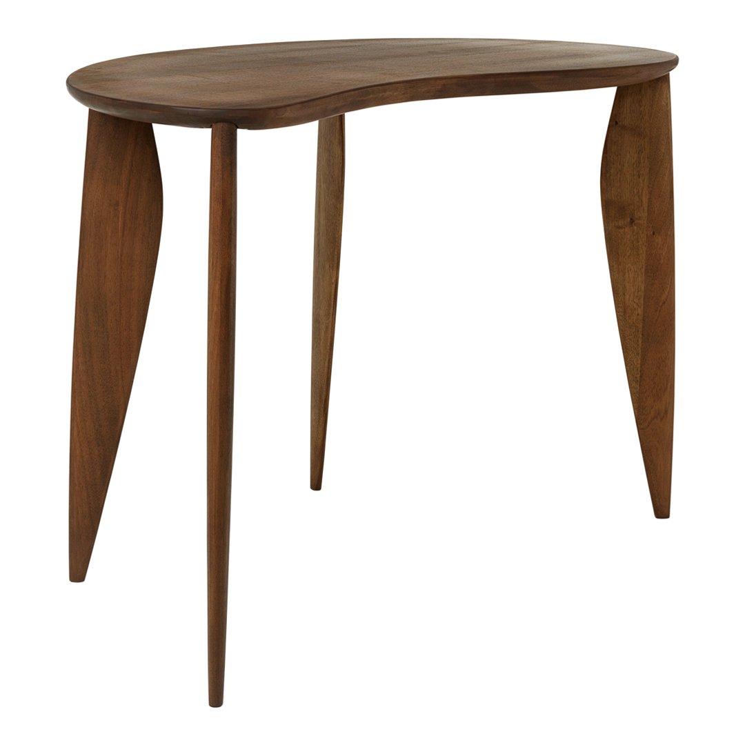 Natural wood finish table with smooth, curved edges and tapered legs, showcasing a rich, dark brown color.