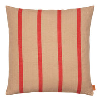 Tan pillow with bold red vertical stripes. Textured fabric adds depth and interest. Perfect for modern decor.