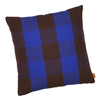Blue and brown plaid patterned throw pillow with a modern design, perfect for stylish home decor.