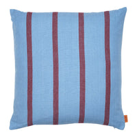 Blue striped pillow with maroon vertical lines, adding a stylish touch to any decor. Perfect for home accents.