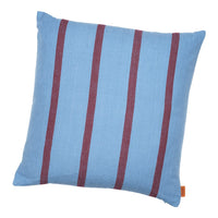 Blue pillow featuring bold maroon stripes, perfect for adding a pop of color to any decor.