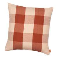 Rust plaid throw pillow in warm terracotta and soft beige, featuring a stylish checkered pattern. Ideal for home decor.