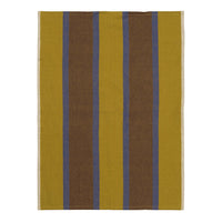 Striped textile featuring mustard yellow, deep brown, and blue lines for a vibrant, modern look. Perfect for any decor.