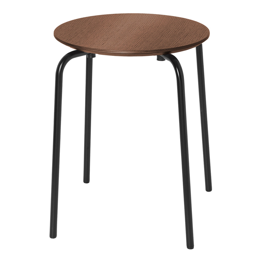 Round brown wooden top with sleek black metal legs, minimalist design perfect for any modern space.