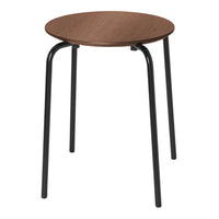 Round brown wooden top with sleek black metal legs, minimalist design perfect for any modern space.