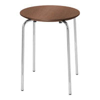 Round wooden top in rich brown with sleek chrome legs, creating a modern, minimalist design. No patterns present.