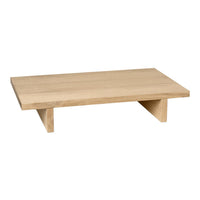 Natural wood coffee table with a smooth, light oak finish and simple, clean lines for a minimalist aesthetic.