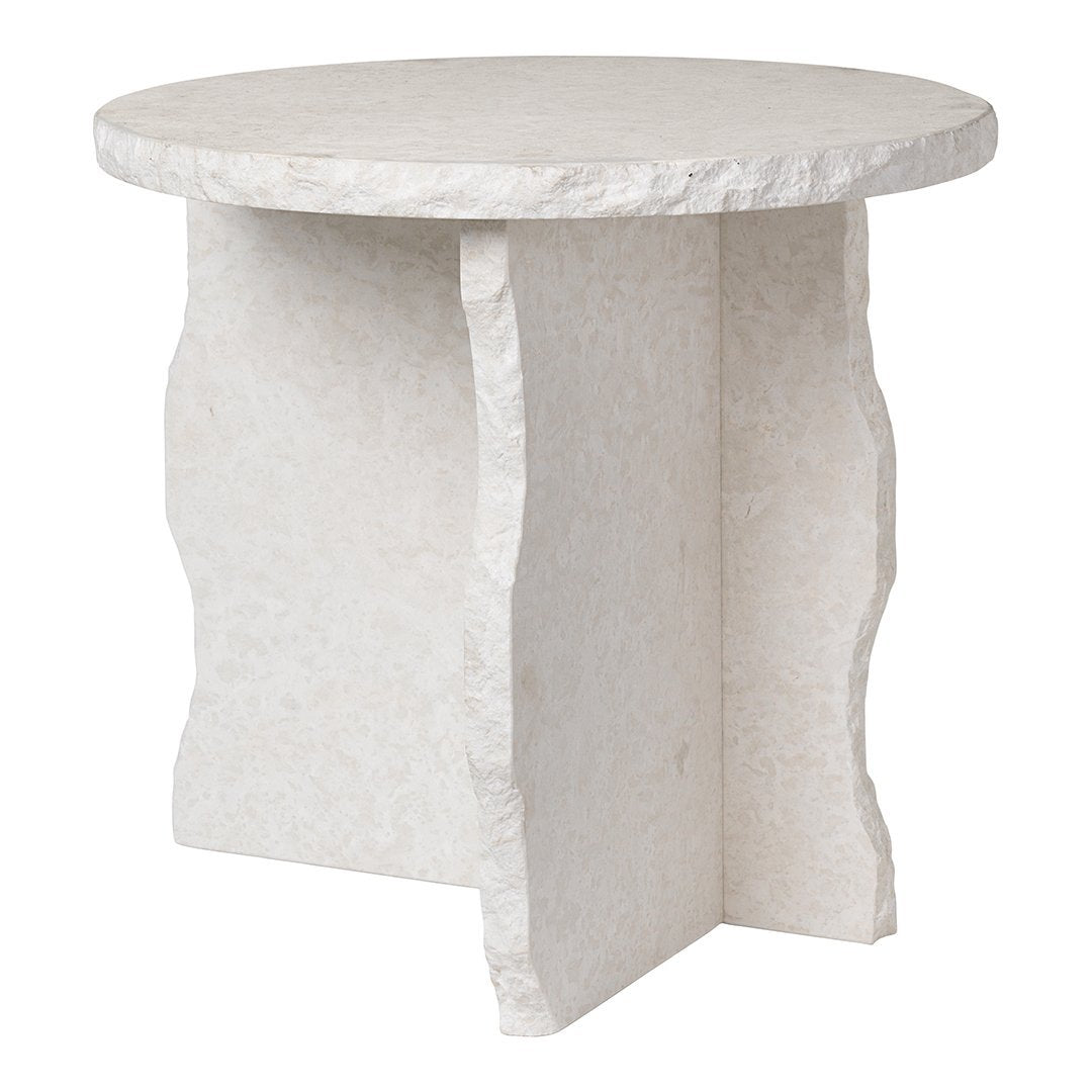 Textured white stone side table with a natural, rugged edge design and smooth round top.