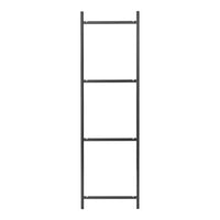Sleek black ladder shelving unit with a minimalist design, featuring four open shelves and no visible patterns.