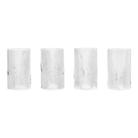 Set of four clear glass tumblers with textured vertical ribbed pattern. Elegant and modern design for any table.