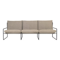 Beige three-seater sofa with simple gray fabric and sleek black metal frame. Minimalist design, modern aesthetic.