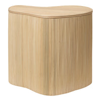 Natural wood color, textured vertical grooves, and a soft, curved shape create a modern accent piece.