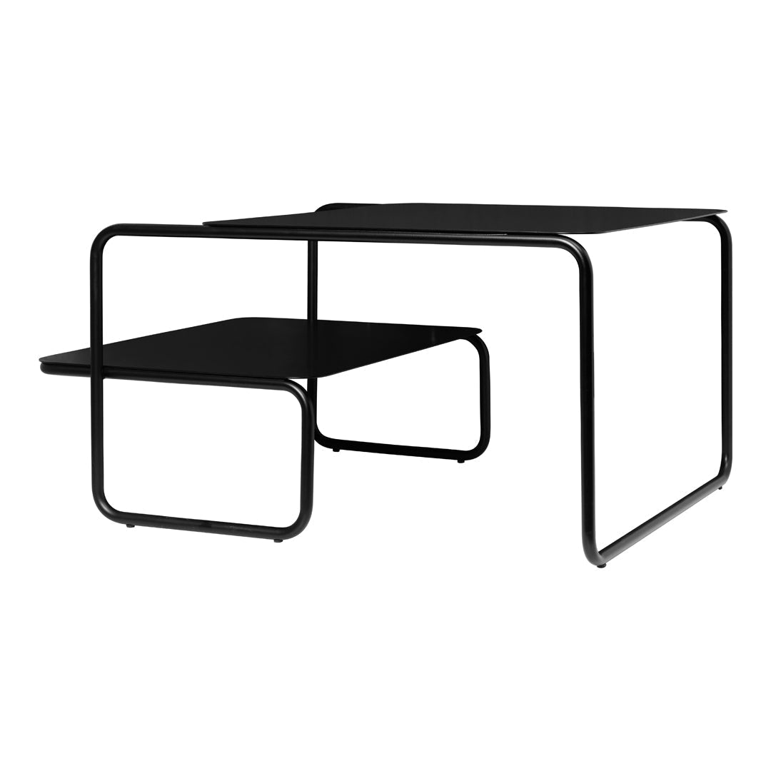 Modern black metal coffee table with a sleek, minimalistic design and geometric patterns. Perfect for contemporary decor.
