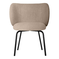 Beige upholstered chair with rounded backrest and black metal legs, showcasing a minimalist design.