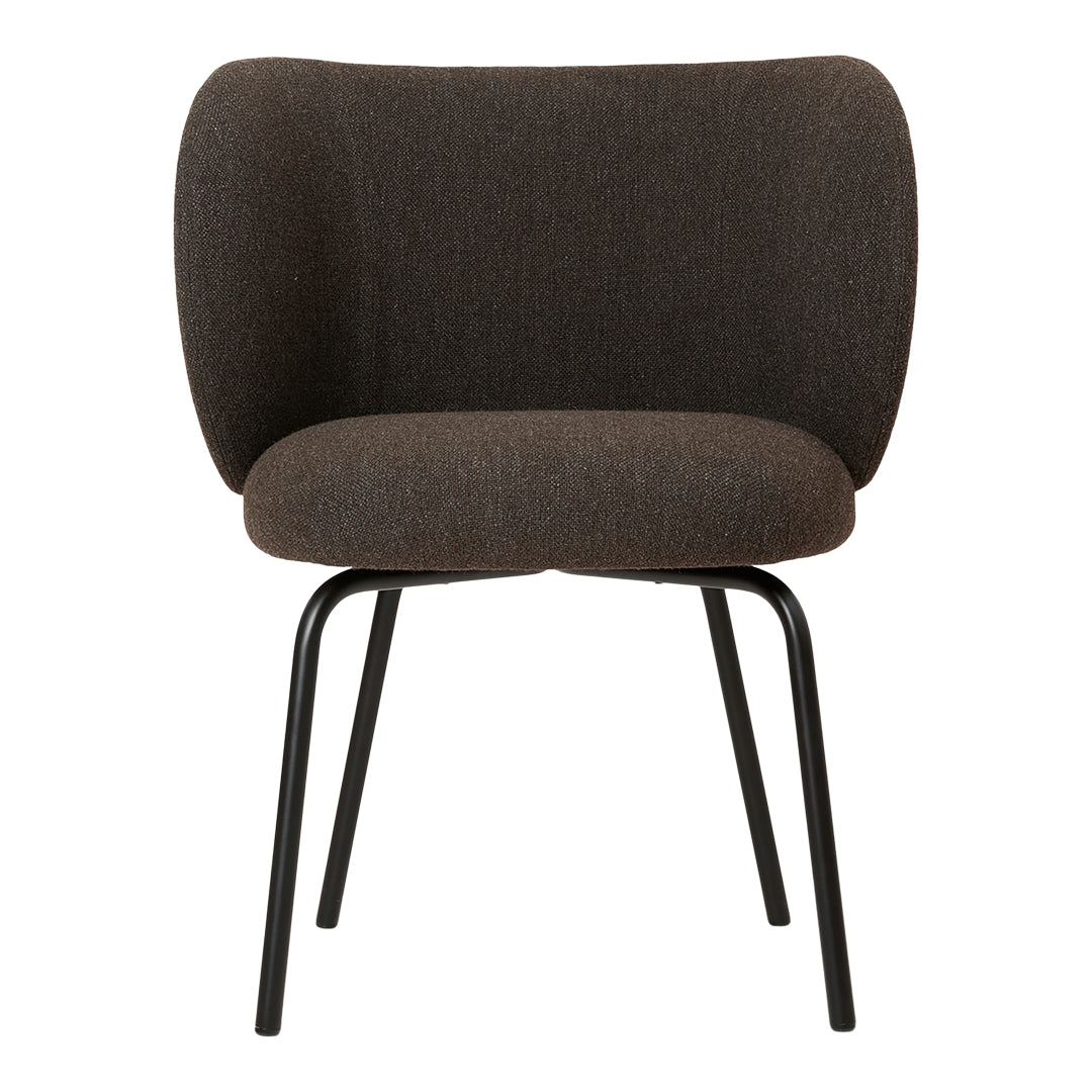 Brown upholstered chair with a smooth, minimalist design and sleek black metal legs. Perfect for modern decor.