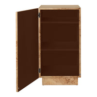 Brown cabinet with a textured beige exterior, featuring a sleek chocolate brown interior and minimalist design.