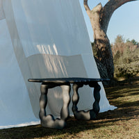 Black abstract table with curved legs, set against a backdrop of white drapery and natural greenery.