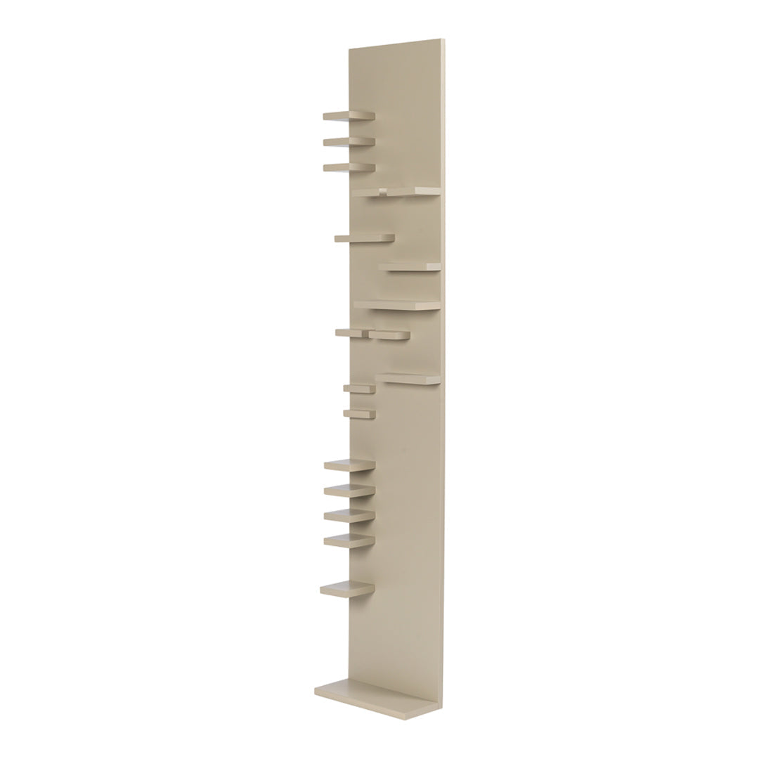 Minimalist beige wall shelf with vertical design and multiple staggered shelves for decorative display.