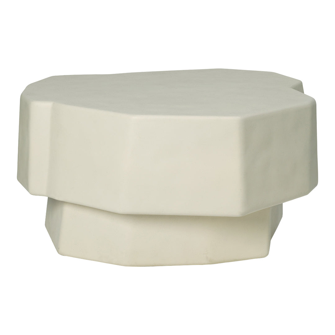 White geometric coffee table with smooth, matte finish and soft, rounded edges. Simple yet modern design.