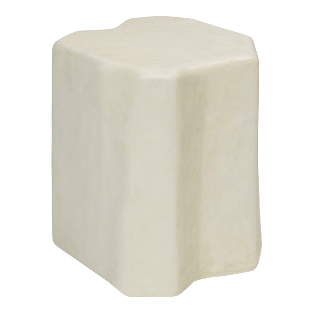 Light cream hexagonal ceramic stool with a smooth matte finish, showcasing a minimalist design.