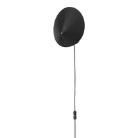 Black pendant light with a sleek, conical design and minimalist black cord for modern decor.