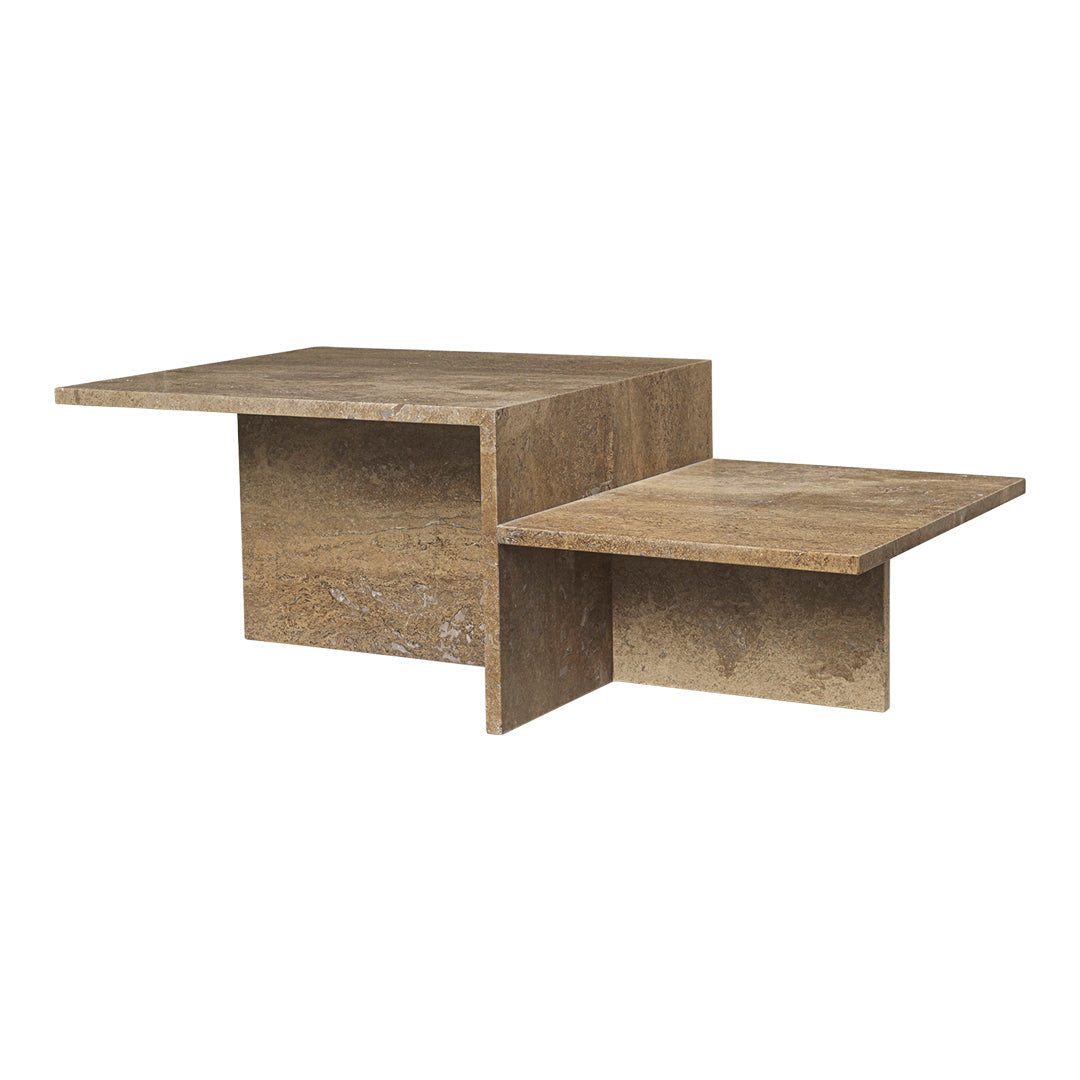 Modern coffee table in earthy beige tones with sleek, geometric lines and a textured surface pattern.