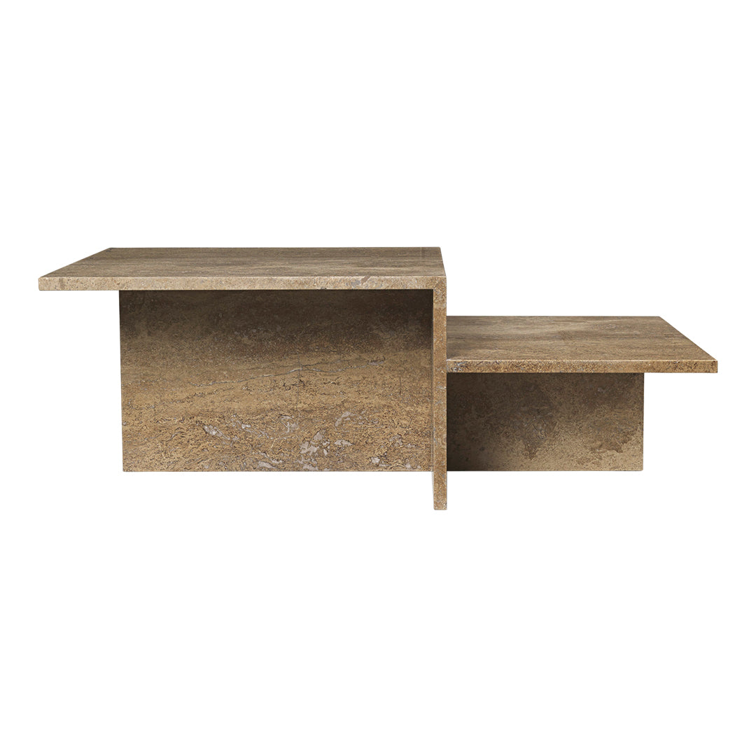 Modern wooden coffee table in warm beige tones with a textured surface and minimalist design.