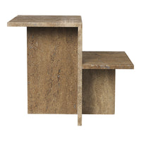 Modern two-tier side table in brown with a textured stone-like pattern, featuring clean lines and minimalist design.