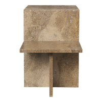 Stylish square stone side table in warm beige and earthy brown tones with a smooth, textured surface.