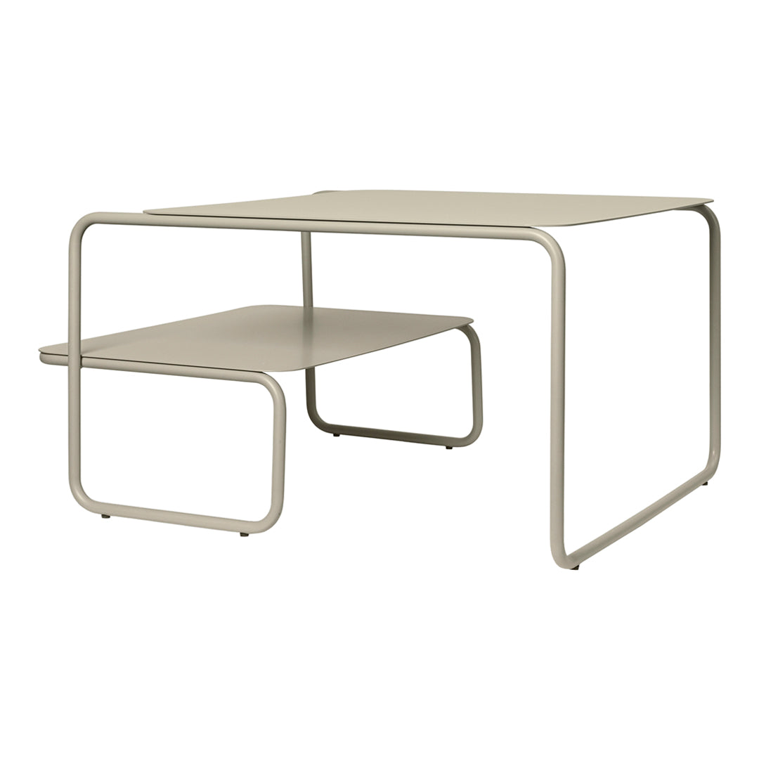 Modern two-tier coffee table in a sleek matte beige finish with minimalist design and smooth lines.