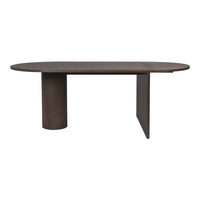Dark wood oval dining table with a smooth surface and modern, minimalist design. Ideal for contemporary interiors.