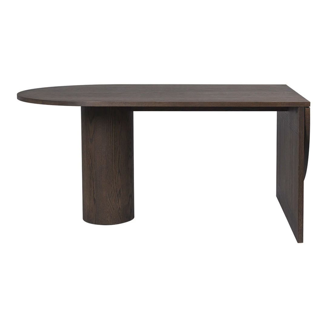 Modern dark wood desk with a sleek, round shape and minimalist design, featuring smooth surfaces and subtle grain patterns.