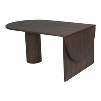 Dark brown wooden table with a smooth, curved top and minimalist design, featuring a unique asymmetrical shape.