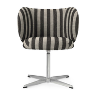 Stylish chair with bold black and gray stripes on plush fabric, featuring a sleek chrome base and contemporary design.