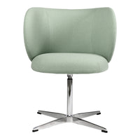 Mint green swivel chair with a modern design and a smooth fabric texture, set on a sleek chrome base.