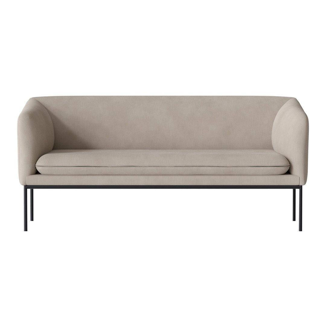 Beige upholstered sofa with sleek black metal legs, featuring a minimalist design and smooth surface.