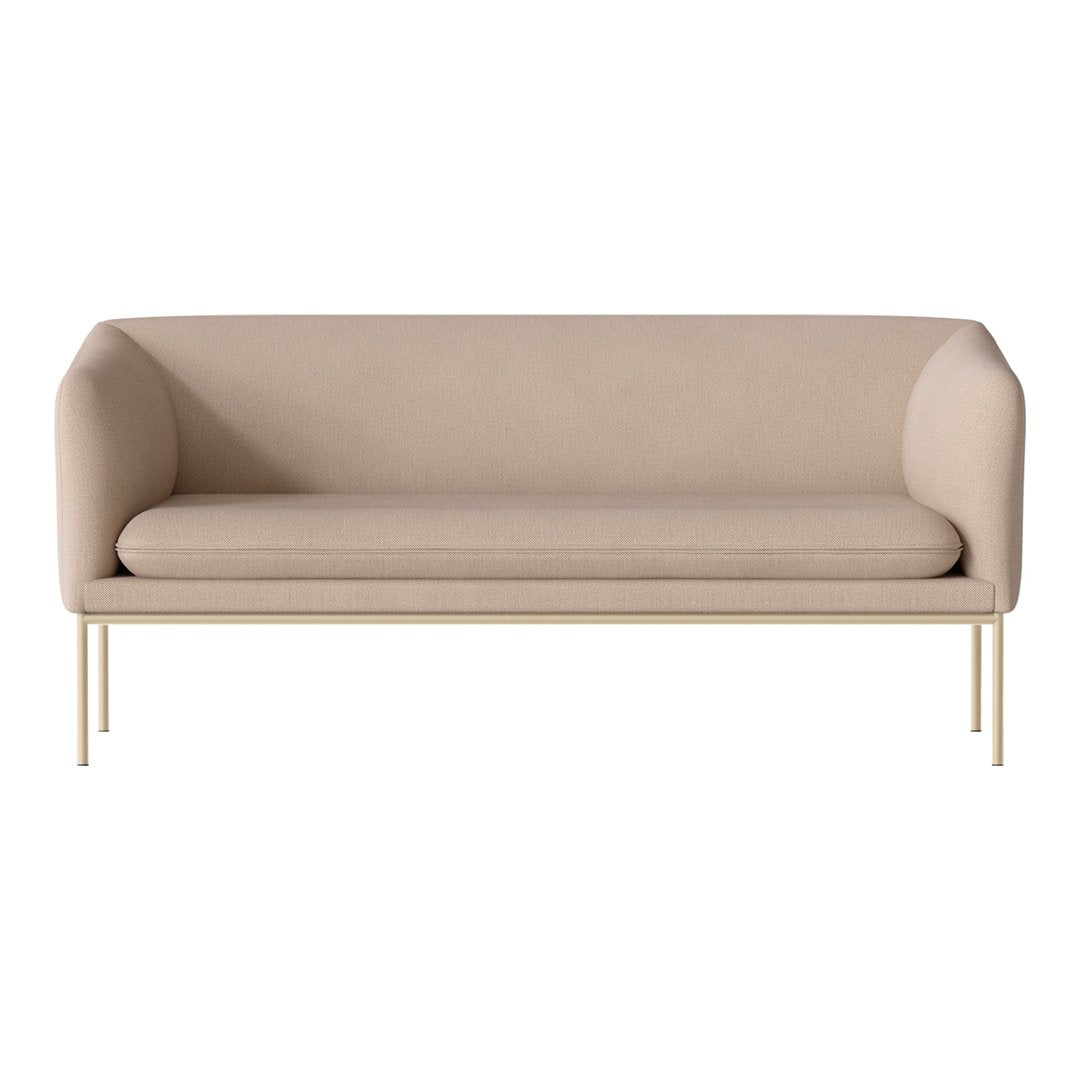 Beige minimalist sofa with smooth upholstery and sleek gold legs, ideal for contemporary decor.