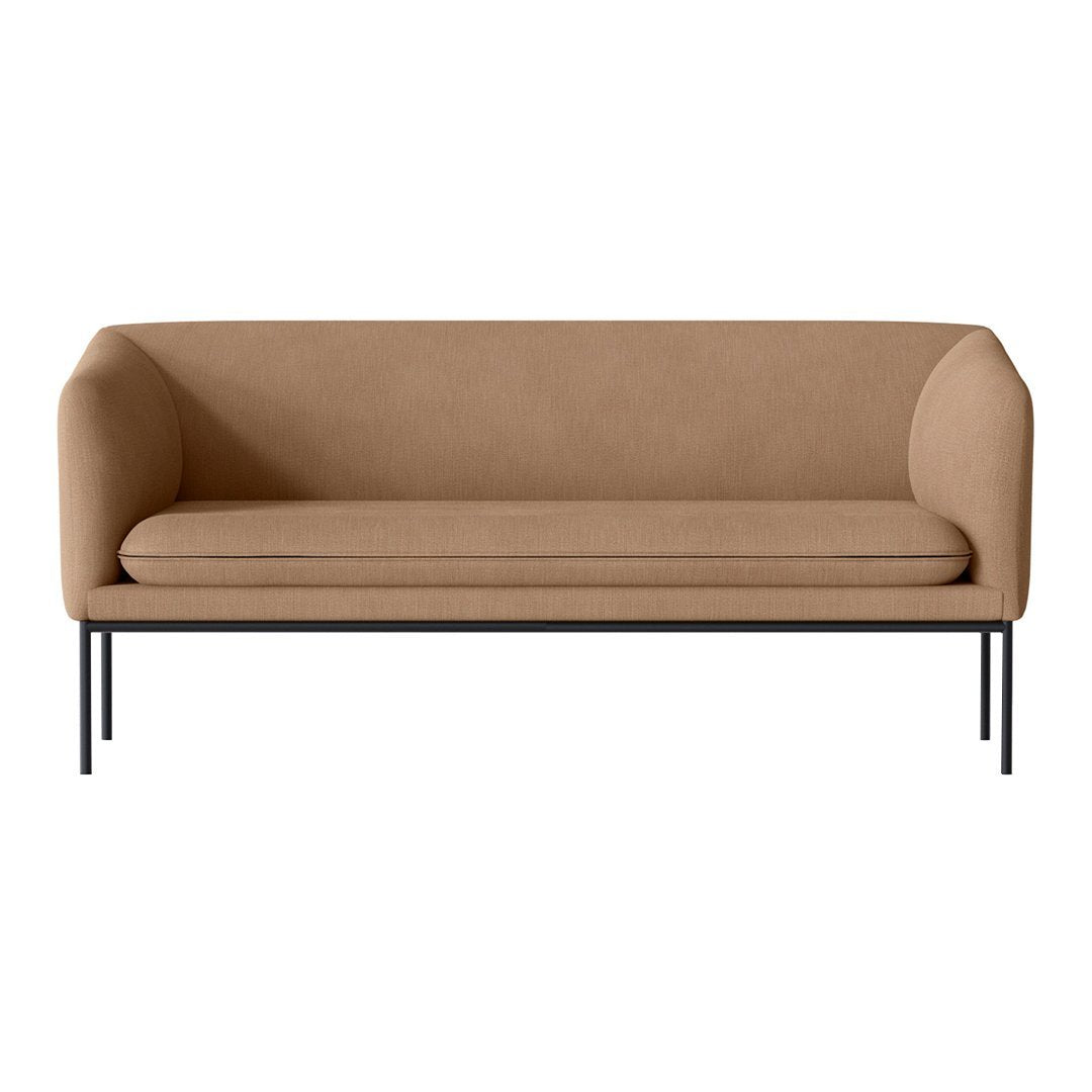Tan upholstered sofa with a smooth finish and sleek black metal legs. Modern design for any living space.