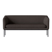 Dark gray fabric sofa with a minimalist design and smooth texture, featuring black metal legs.