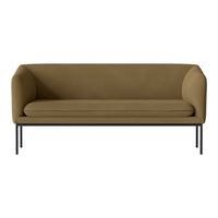 Olive green sofa with a minimalist design and solid black metal legs, perfect for modern living spaces.