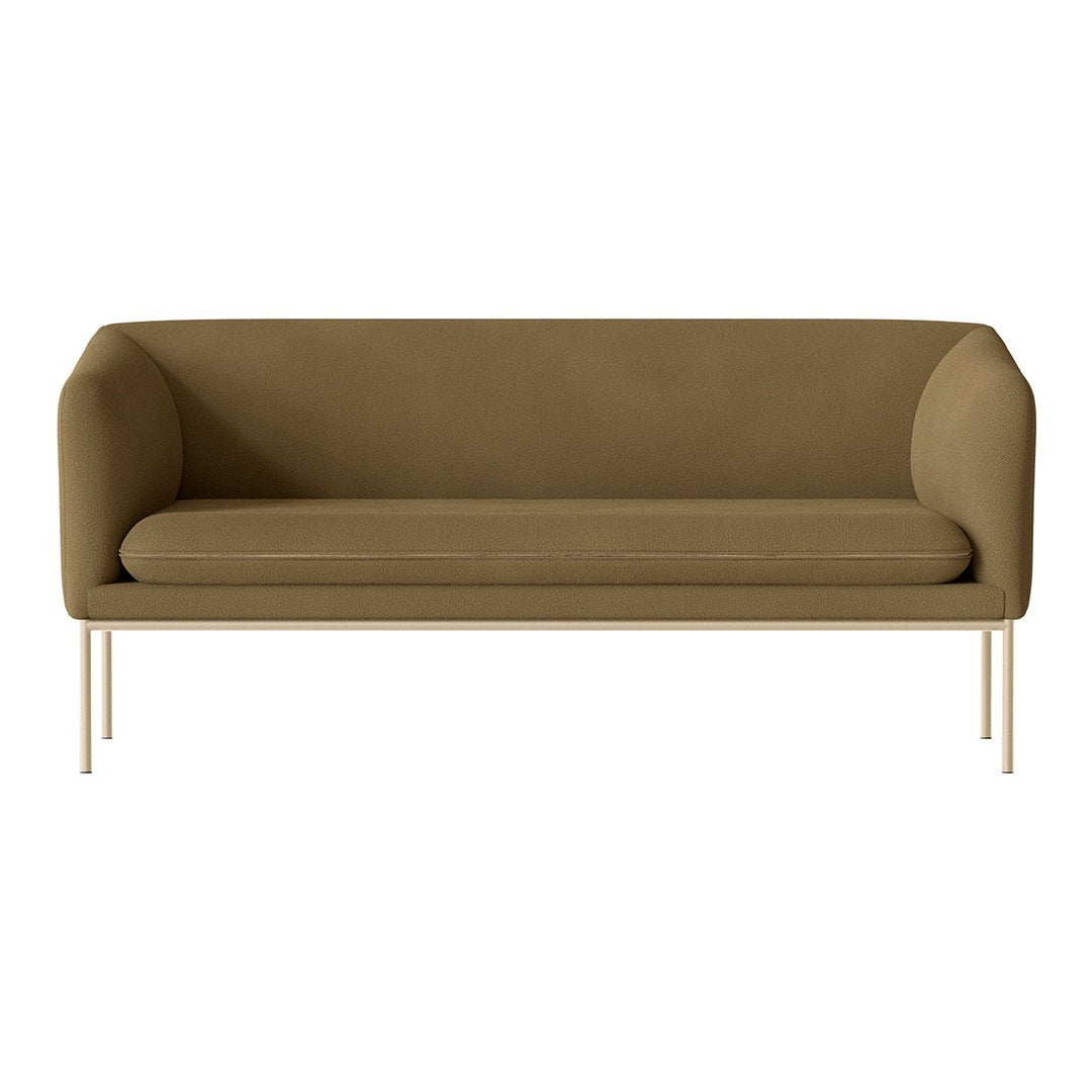 Olive green modern sofa with minimalistic design and beige metal legs, perfect for contemporary interiors.