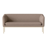 Light brown upholstered sofa with smooth fabric and minimalist design, featuring sleek metal legs.
