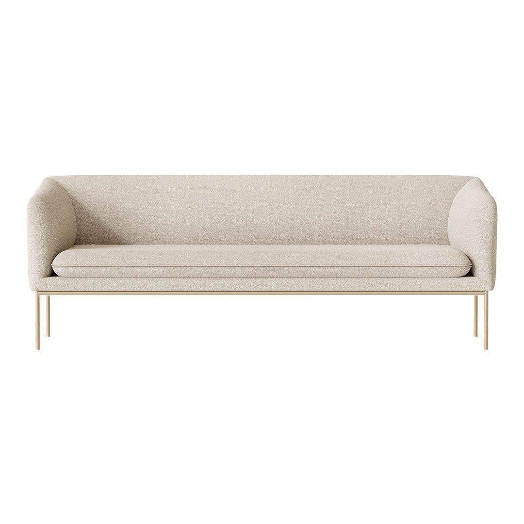 Beige minimalist sofa with smooth fabric and sleek gold legs, perfect for modern interior styles.