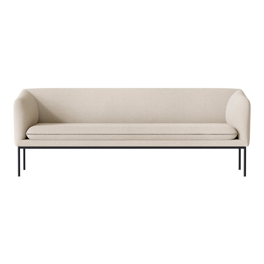 Beige sofa with a minimalist design, featuring smooth fabric upholstery and sleek black metal legs.