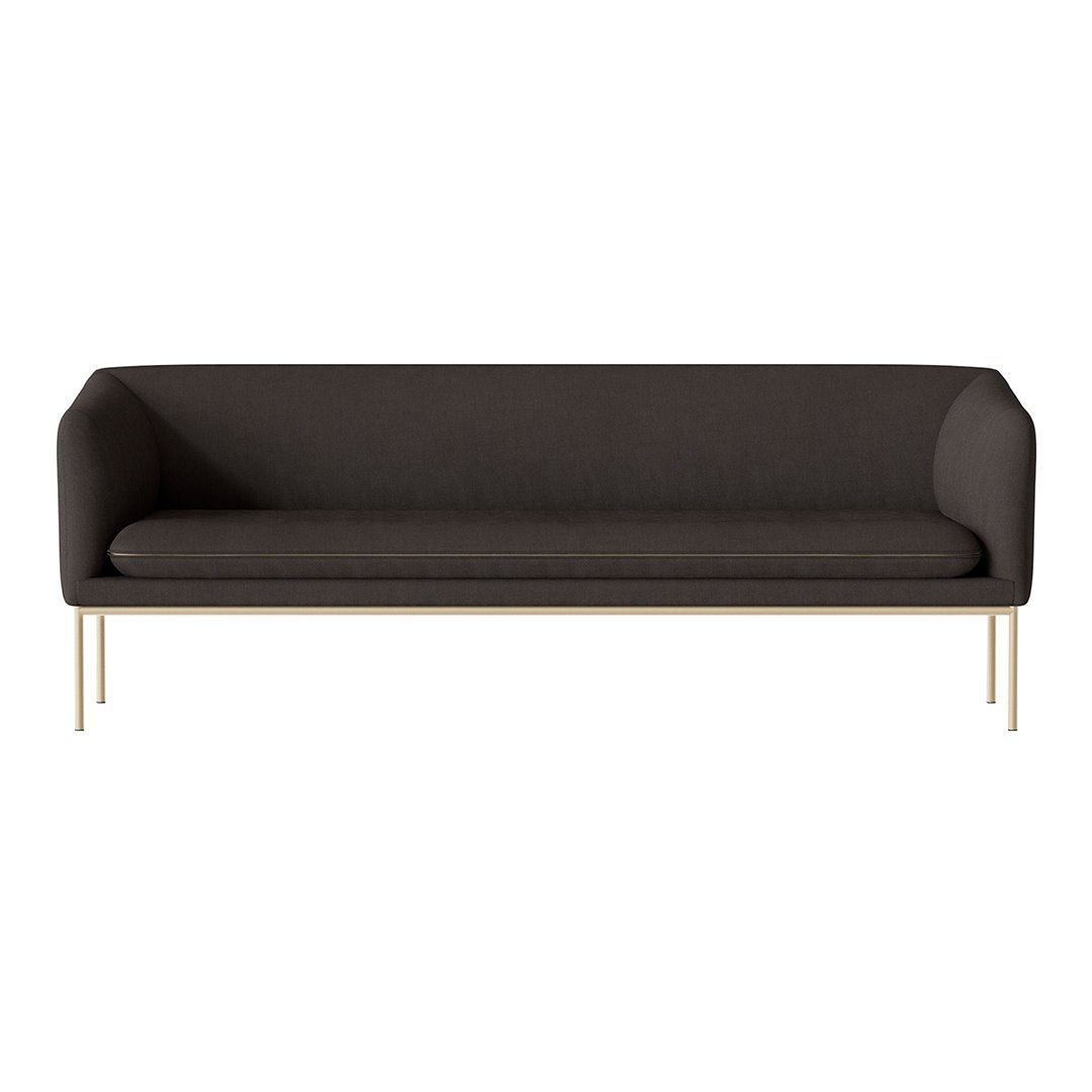 Dark gray sofa with a smooth, minimalist design and sleek gold legs. Modern and elegant home furniture.
