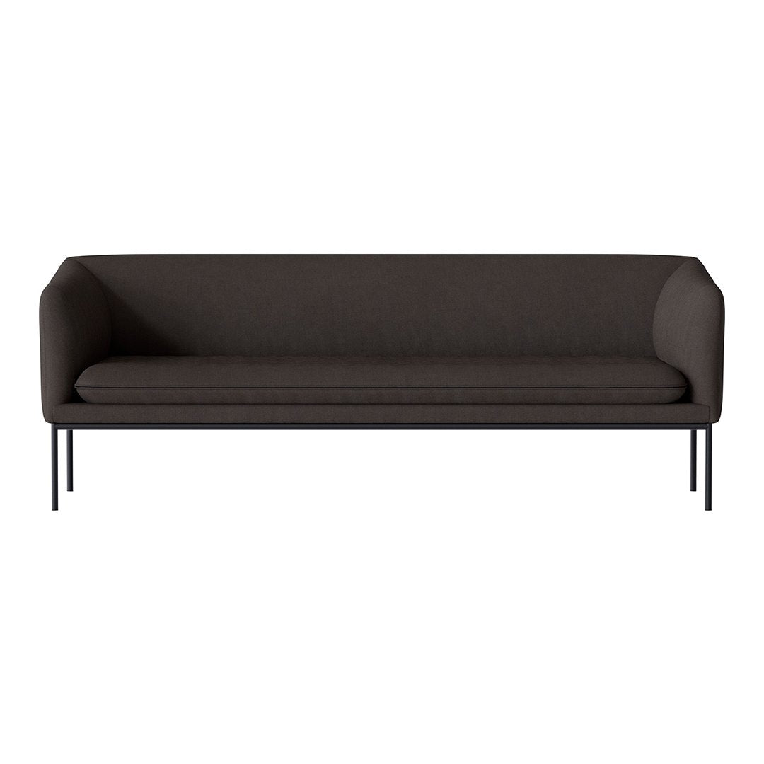 Dark gray upholstered sofa with sleek black metal legs and minimalist design, perfect for modern interiors.